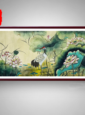 手绘真迹原稿四尺精品工笔荷塘荷花白鹭图 客厅装饰挂画X28068