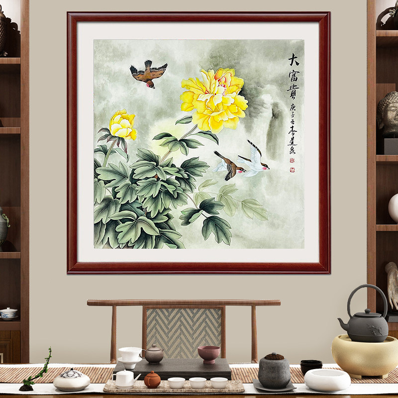 手绘真迹原稿四尺斗方精品工笔牡丹花鸟图大富贵卧室装饰画X27812