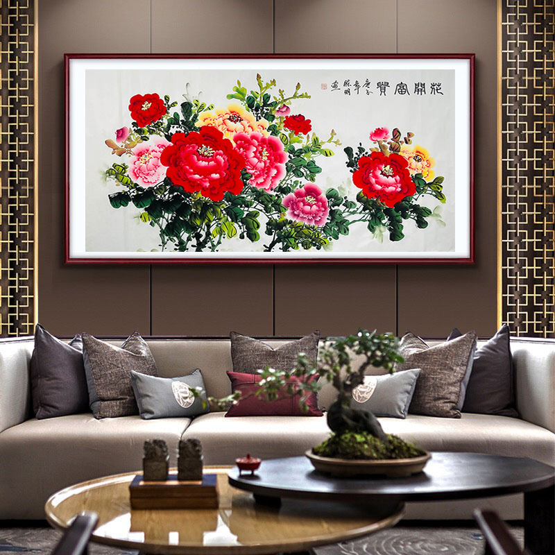 纯手绘国画牡丹画四尺横幅水墨写意牡丹花开富贵中式客厅装饰挂画