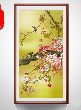 手绘真迹原稿四尺竖幅精品工笔花鸟鸟语花香玄关客厅装饰画X28168