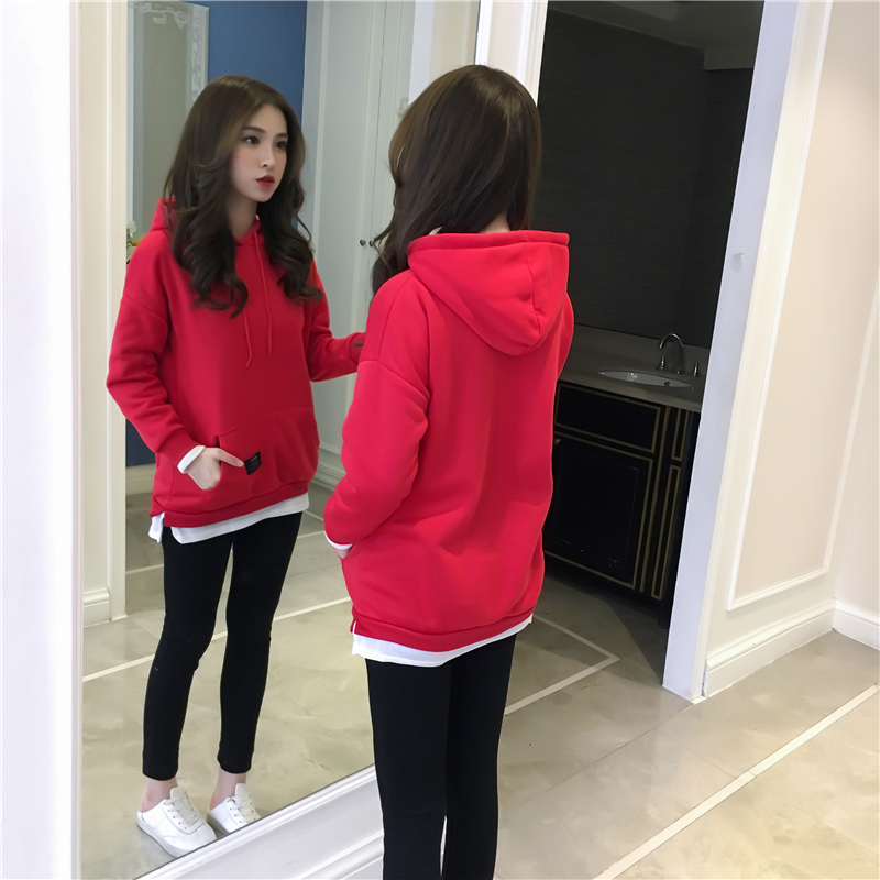 小蚊子谷粒娃娃家潮流女装店铺学生中长款假两件卫衣加绒连帽上衣