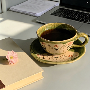 织部烧复古陶瓷拉花咖啡杯碟套装手工日式高颜值红茶杯家用早餐杯