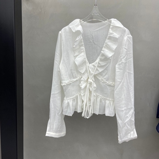 衬衫 欧洲站2026春季 女26101 百搭长袖 V领系带荷叶花边时尚 新款 净版