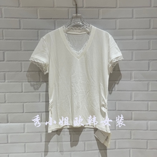 欧洲站2026春新时尚 T恤女宽松显瘦70312 over百搭圆领拼接蕾丝长袖