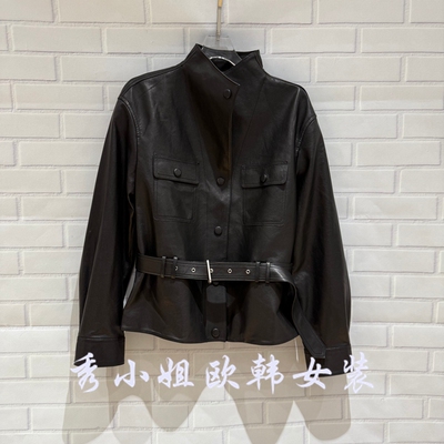 欧洲站2026春季新款时尚百搭翻领长袖腰带皮衣外套女上衣潮2603
