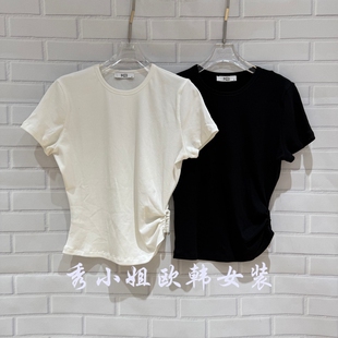 欧洲站2026夏季新款圆领侧收绳瘦腰短袖T恤百搭上衣女5483