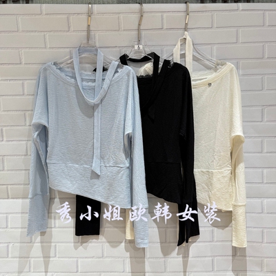 欧洲站2026春季新款百搭拼接蕾丝圆领套头飘带休闲针织上衣16059