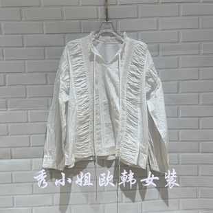 欧洲站现货2026新款 女立领系带皱褶气质净色衬衣2116 蕾丝花边衬衫