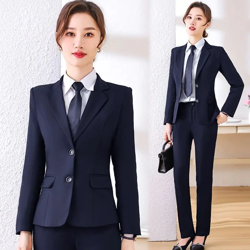 藏蓝色职业套装女西服三件套上班工作服大学生正装西装套装女春夏