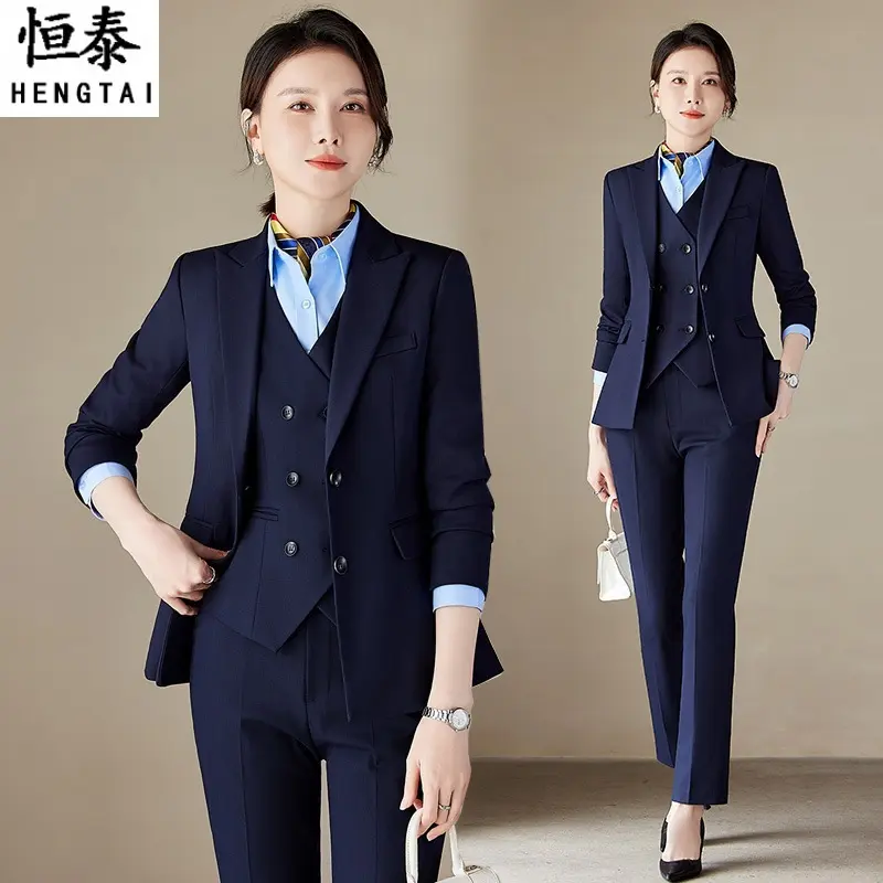 蓝色西装套装女职业装商务工作服正装商端气质西服马甲套装三件套