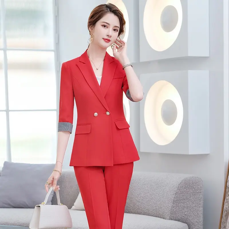 职业装西装套裤女红色正装工作服职业女裤套装