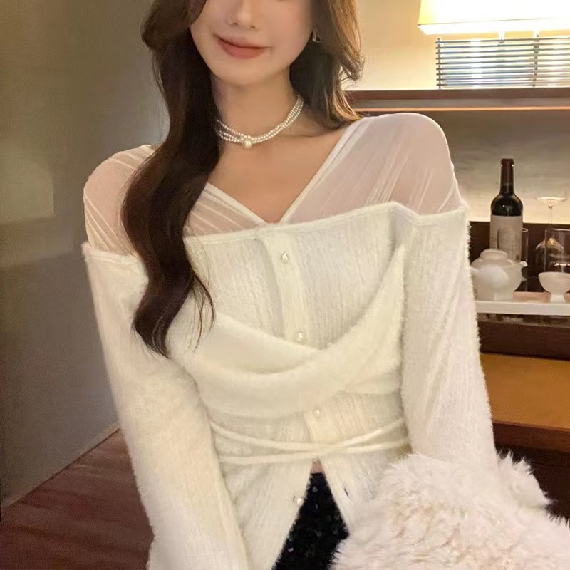 【婧】毛针织衫长袖纯色单排扣显瘦拼接蕾丝镂空上衣女  L#15