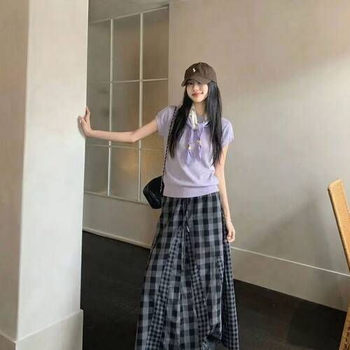夏季新款韩版圆领丝巾短袖针织衫女薄款百搭气质显瘦两件套nnassa