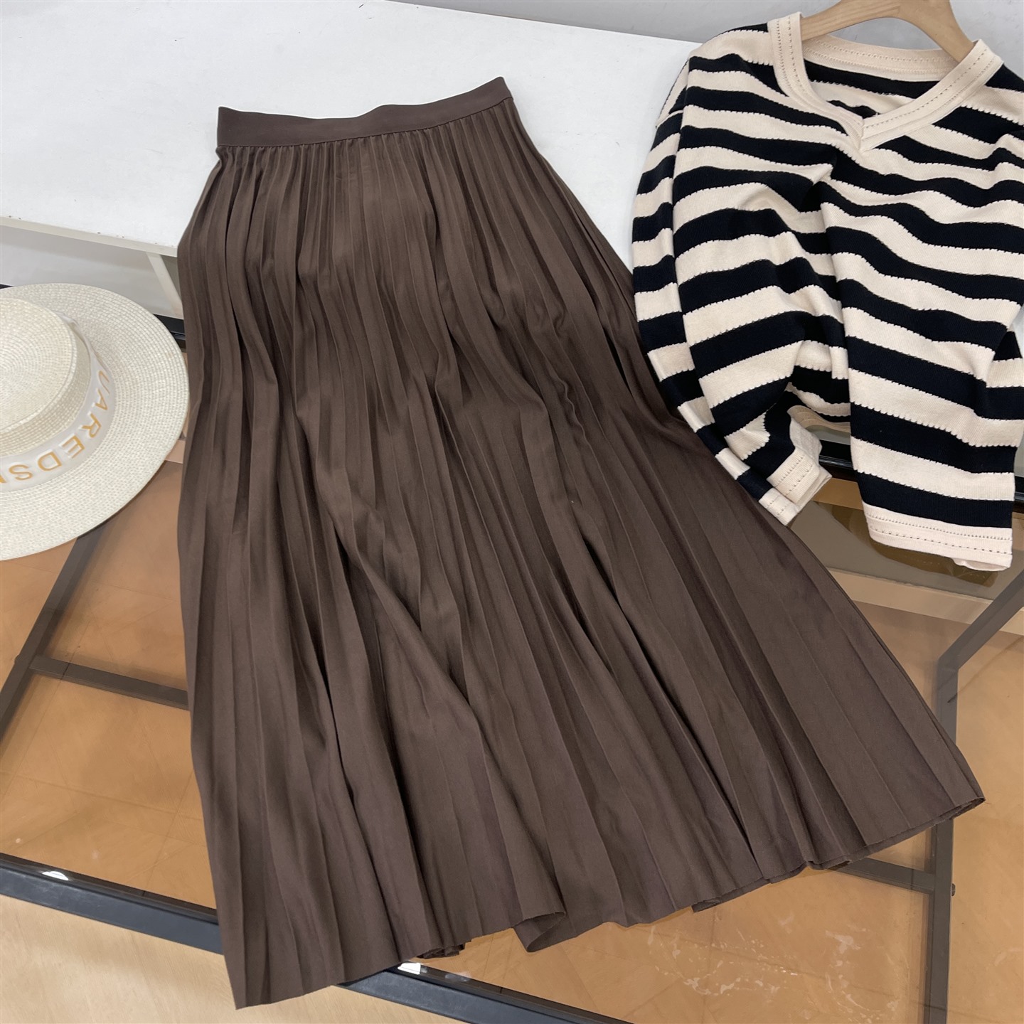 高级感扇形百褶纹理松紧腰百搭优雅气质中长款半身裙L#5