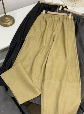 加绒PU皮裤春季新款松紧高腰宽松显瘦阔腿直筒裤女 B#9