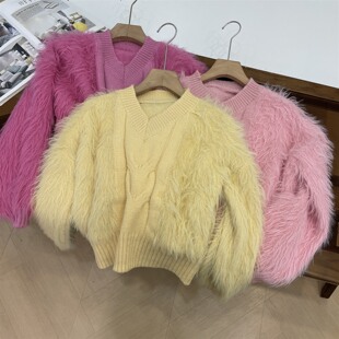 春节发货新款皮草仿水貂绒上衣短款外穿针织衫毛毛衣外套女L#14