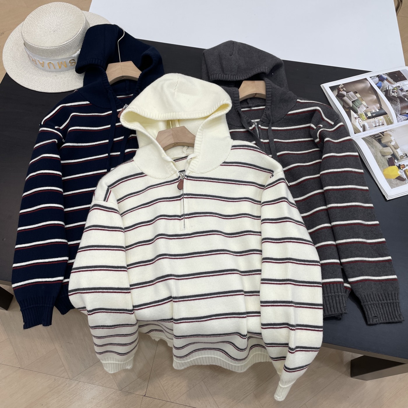 秋冬拼接加厚连帽条纹长袖毛衣针织衫上衣女套头百搭