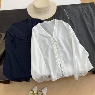 潮流韩版 V领长袖 衬衫 初秋季 女装 女外穿百搭纯色 时尚