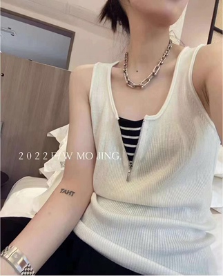 超细亚麻冰丝打底坎袖背心 小心机拉链条纹撞色吊带