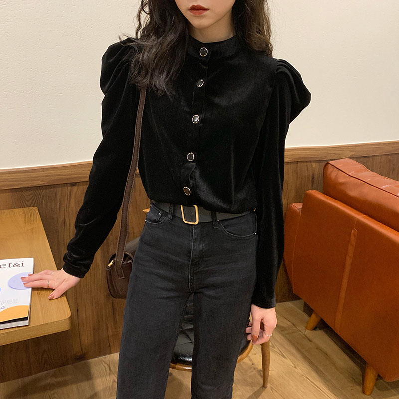 Real price autumn and winter new style retro elegant breasted slim standing collar VELVET TOP