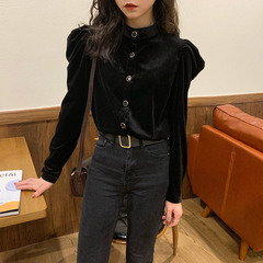 Real price autumn and winter new style retro elegant breasted slim standing collar VELVET TOP