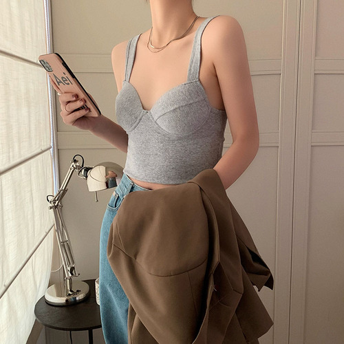 Actual shot and real price 2023 new retro solid color versatile waist slimming waist camisole top with chest pad and beautiful back