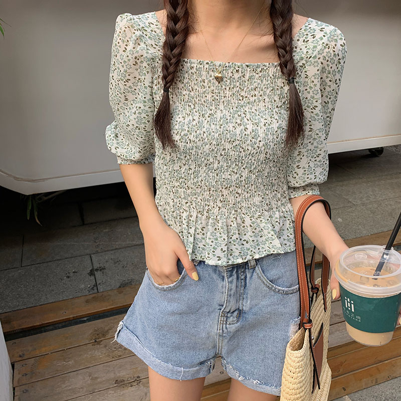 Real price summer fresh flowers slim and versatile square collar Ruffle Chiffon Top