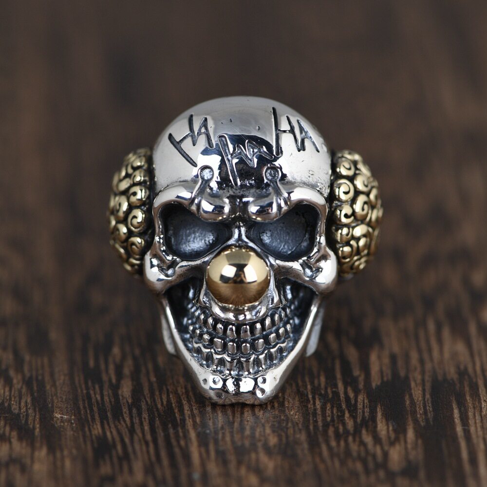 纯银戒指男款复古工艺开口夸张骷髅头小丑朋克风格指环跨境银饰品