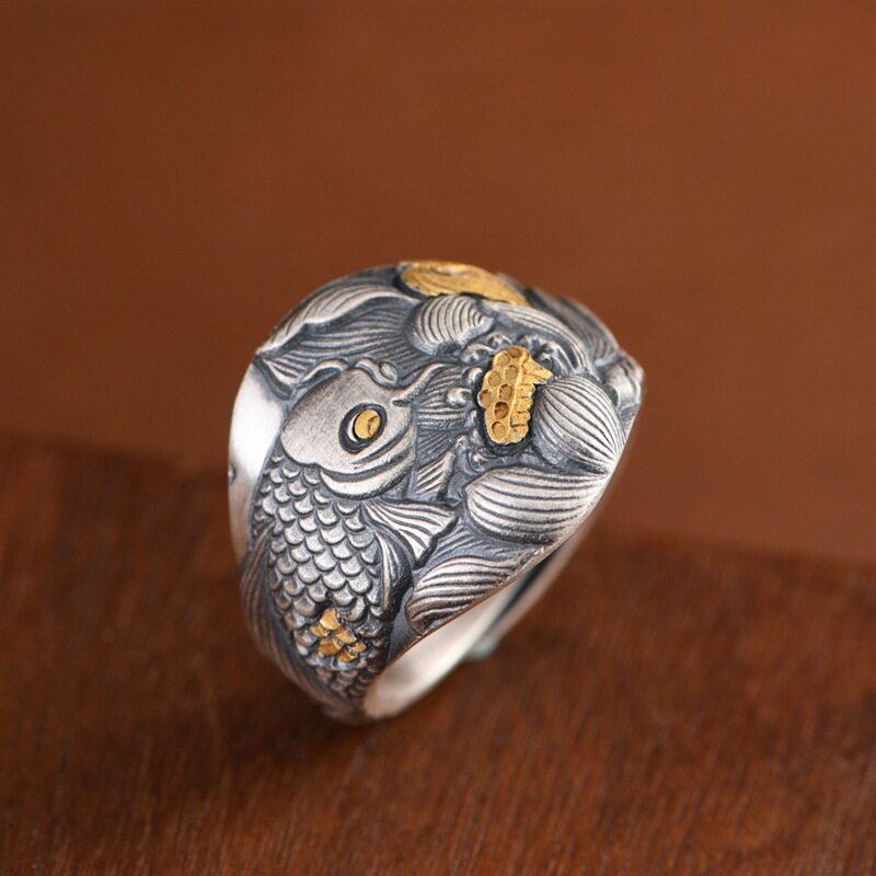 纯银复古工艺金银错手工莲花指环