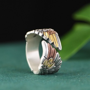 足银戒指手工金银错鎏金工艺天使翅膀小众设计开口款女款纯银指环