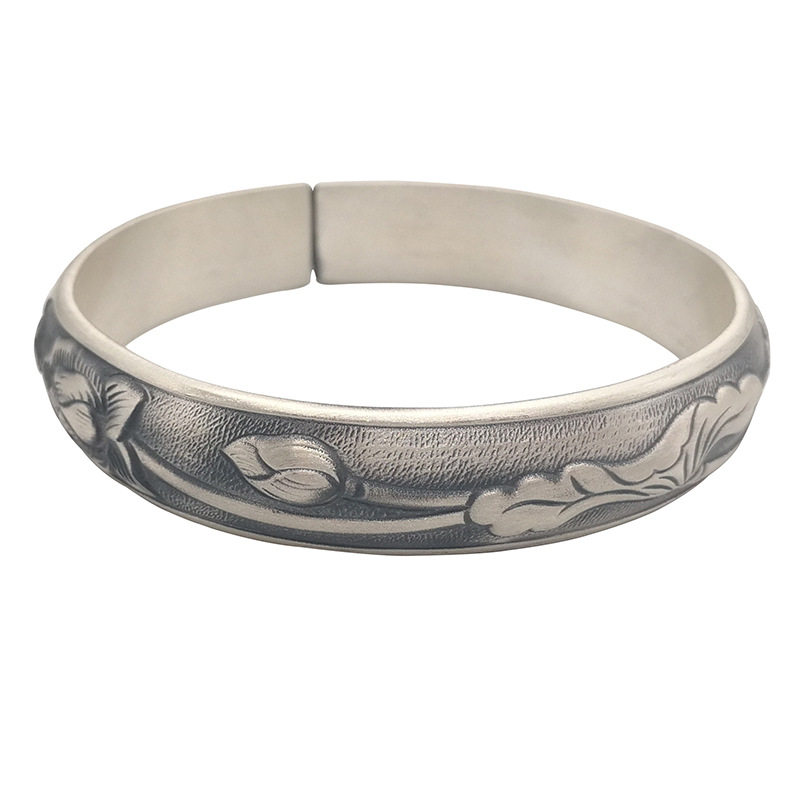 PURE SILVER 999 BRACELET WOMENS CHINESE LITERATURE AND ART RETRO ETHNIC STYLE RELIEF BUDDHIST LOTUS CHEONGSAM HANFU SILVER BRACELET