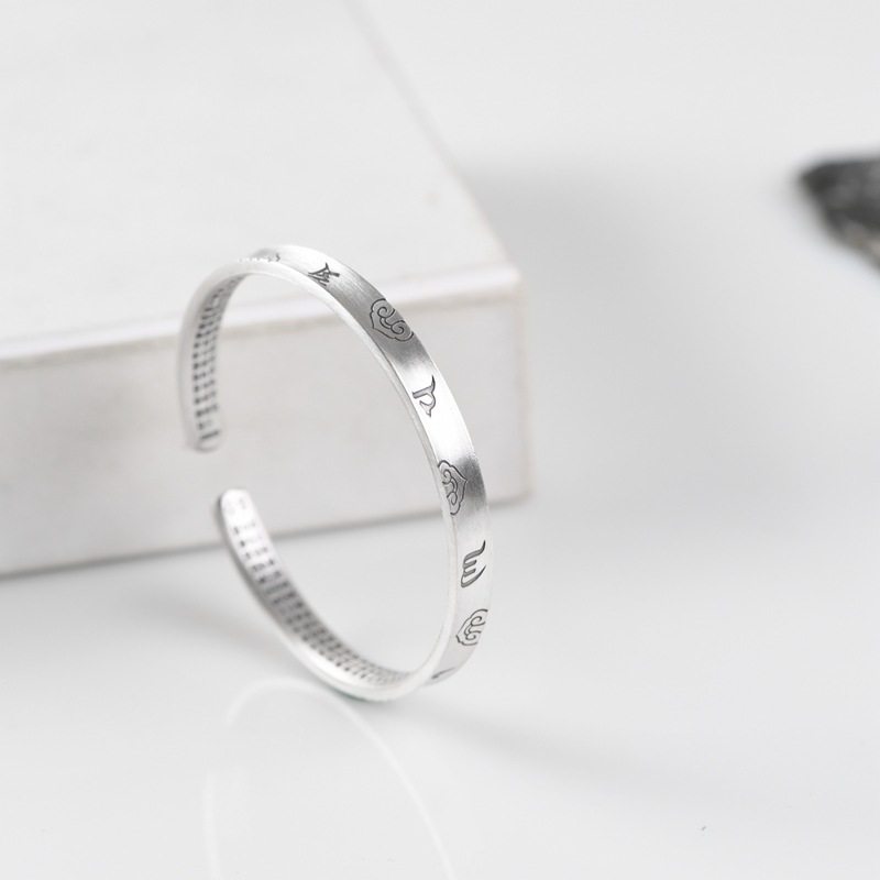 PURE SILVER 999 VINTAGE CRAFT BRACELET WOMENS OPENING CONCAVE RUYI SCRIPTURES SIX-CHARACTER MANTRA HEART SUTRA  BRACELET