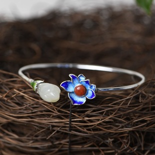 纯银镶石和田玉手镯中式民族风珐琅彩景泰蓝开口女士玉兰花银手饰