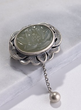 和田玉胸针复古莲花中式国风女款