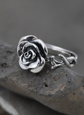 古银铺女款玫瑰花开口戒指S925