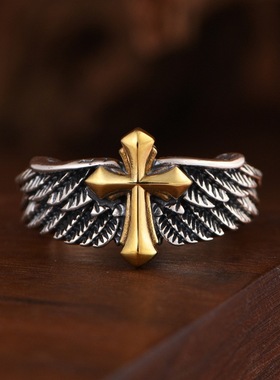 复古工艺小众设计十字架翅膀戒指