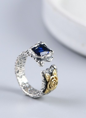 S925纯银戒指复古做旧开口设计女