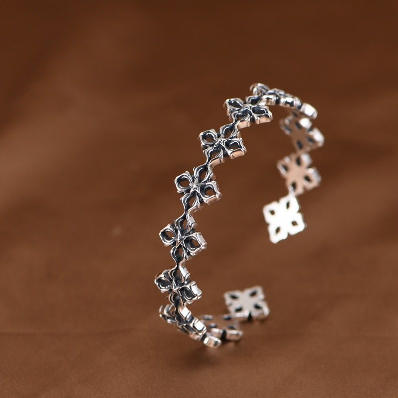 S925纯银手镯小众设计个性男士十字架朋克复古做旧工艺开口银镯子
