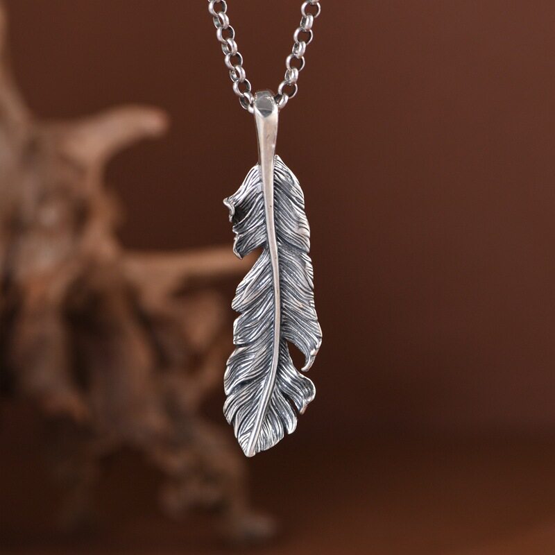 S925纯银男款吊坠复古朋克羽毛叶子个性嘻哈哥特风时尚男士项链坠