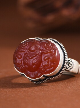 红玛瑙小众设计开口蝙蝠时尚指环