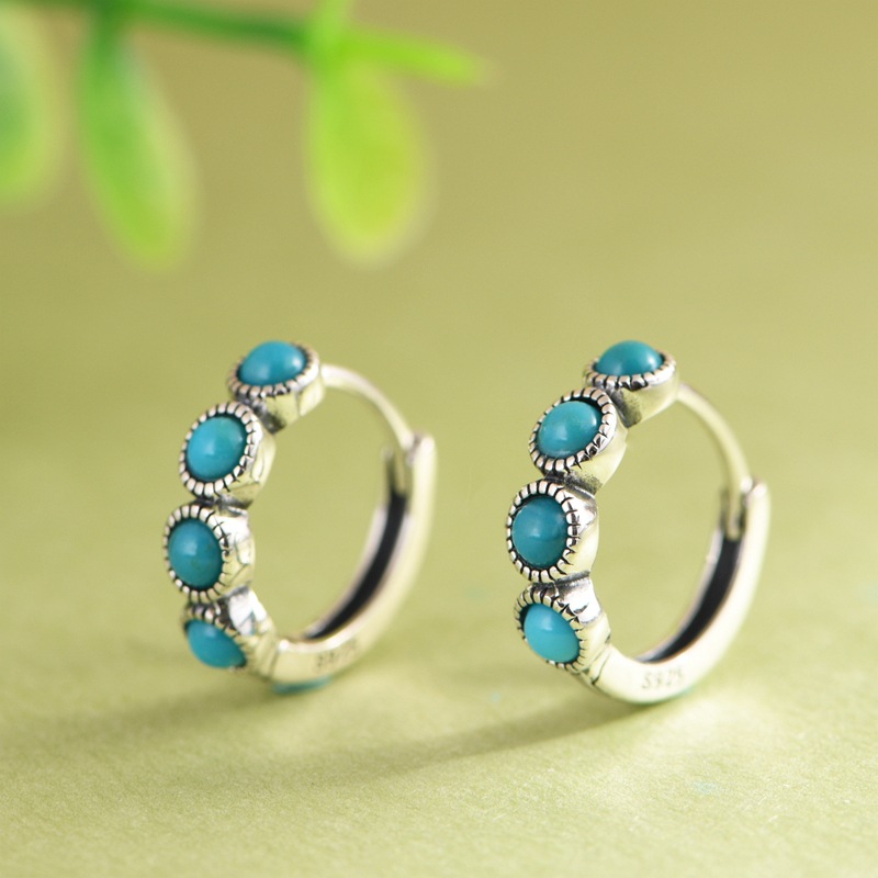 S925纯银复古工艺轻奢简约小众设计时尚松石耳扣中式民族风银耳坠