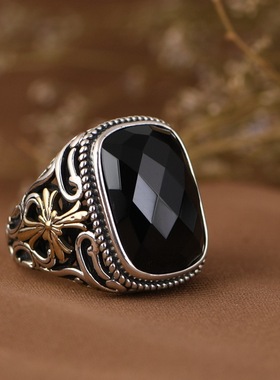 男戒复古做旧指环镶玛瑙开口男款