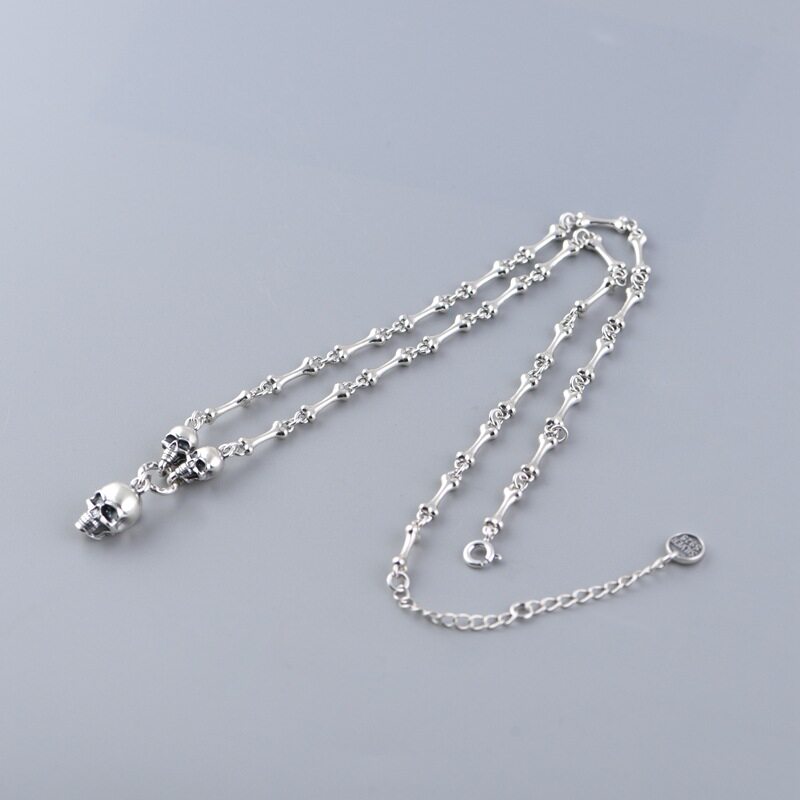 纯银项链女款复古做旧工艺立体骷髅头骨头节颈链跨境朋克风银饰品