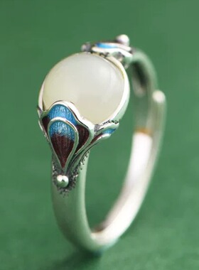 和田玉景泰蓝开口小众设计银戒指