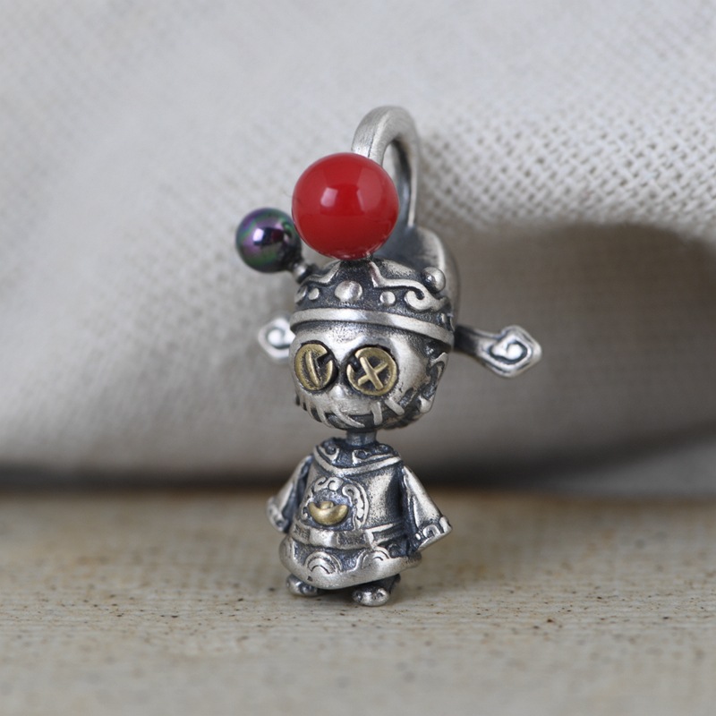 古银铺S925纯银复古工艺银吊坠女款卡通版状元郎驸马爷立体银项坠