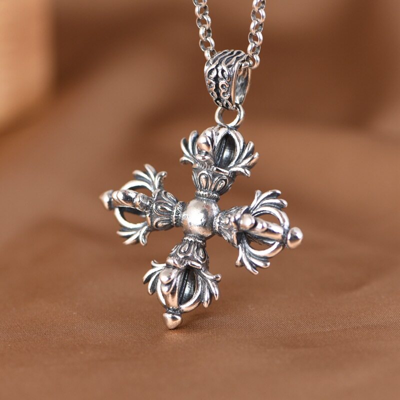 S925纯银吊坠复古做旧工艺霸气个性男款四股十字杵朋克时尚项链坠