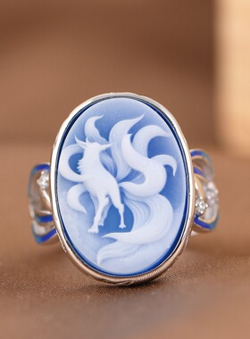 玛瑙银戒指九尾狐蓝玉髓女款女款