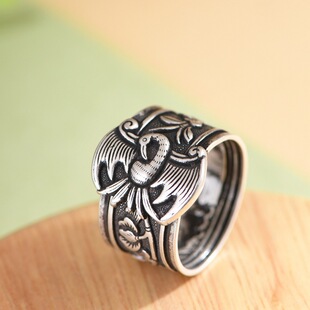 足银戒指复古做旧老银民族风开口女款晋工食指大气简约凤凰银指环