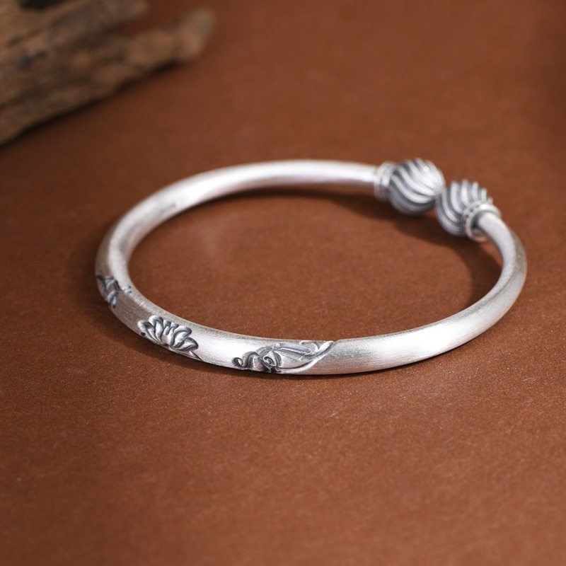 纯银手镯女款小众设计实心南瓜莲花女士镯子复古民族风时尚银首饰