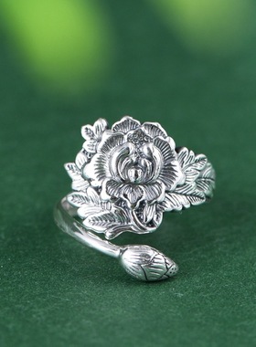 足银戒指牡丹花食指佩戴个性女款